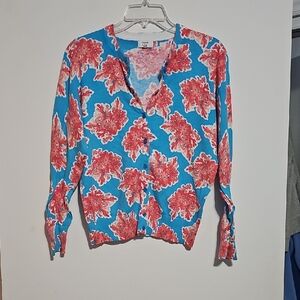 Crown & Ivy Turquoise Blue and Coral Floral Cardigan Sweater Sz Large Resort